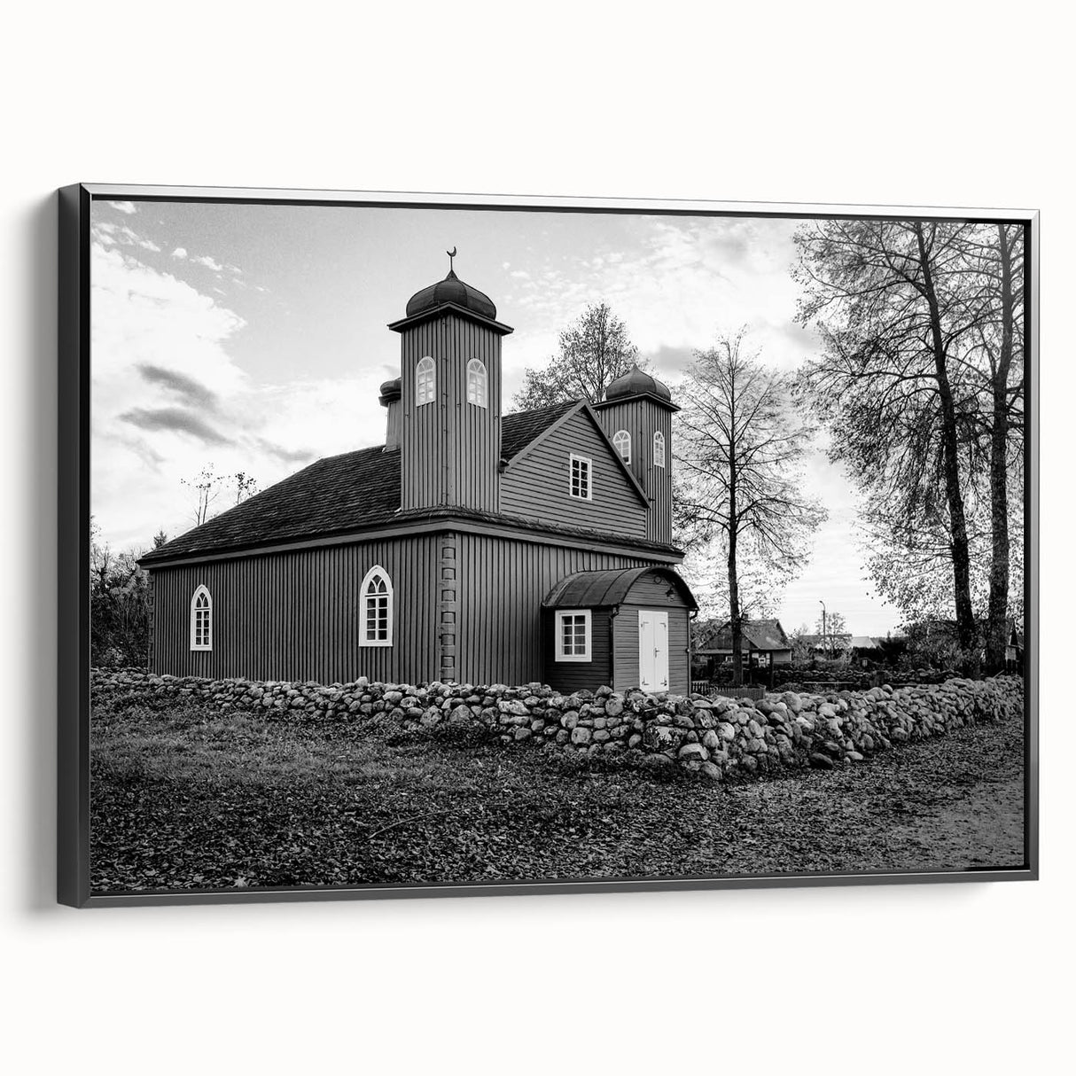 Black and white wall art of a mosque landscape on framed canvas, ideal for bedroom decor.