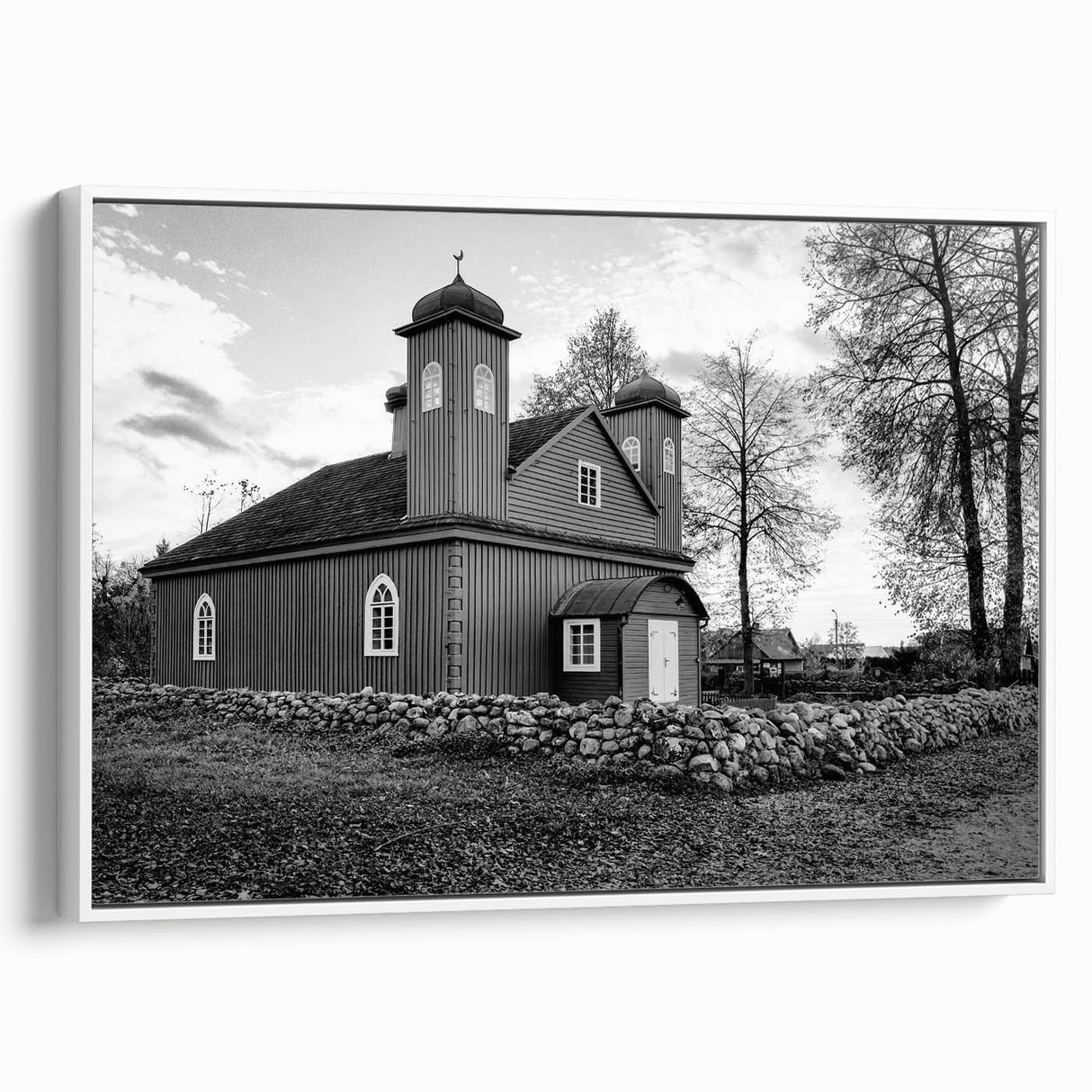 Framed canvas of a vintage-style mosque landscape in black and white, ideal for bedroom wall art.