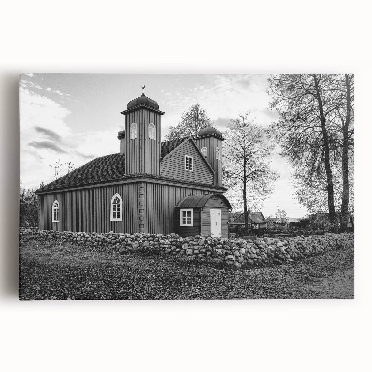 Black and white photo of a mosque on stretched canvas, ideal for kitchen wall art.