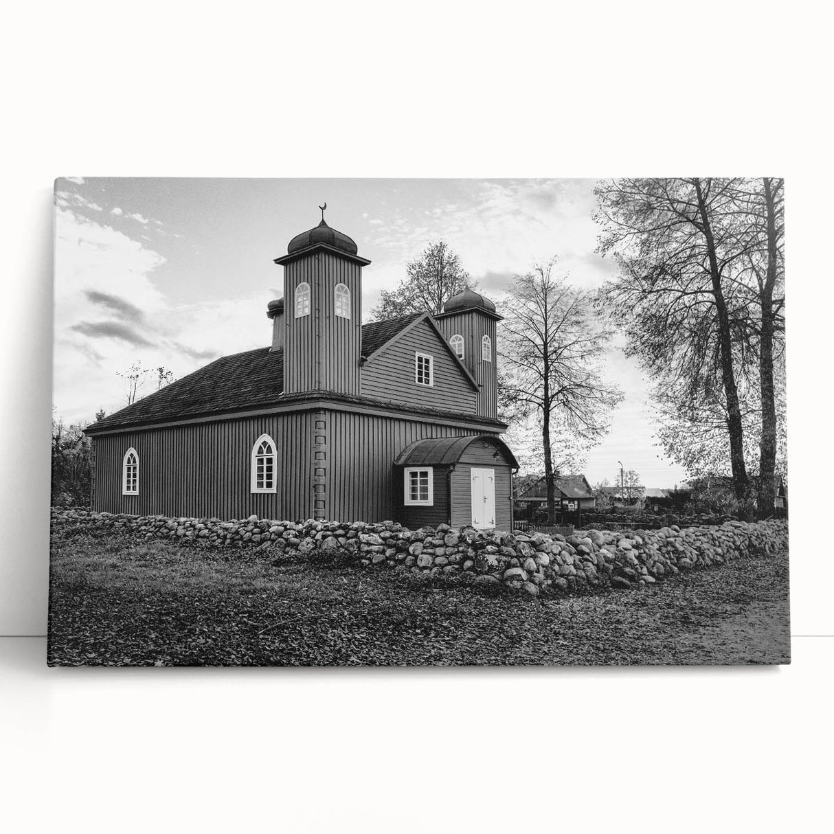Black and white stretched canvas featuring a large mosque design, ideal for kitchen wall art or bedroom ambiance.