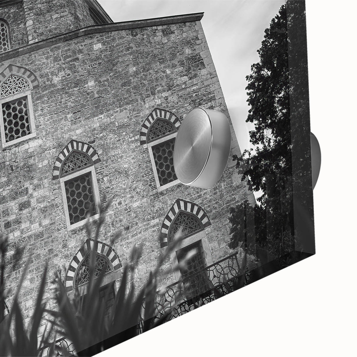 Large abstract wall art depicting a mosque in mid-century modernist style on acrylic glass, ideal for dining room art.