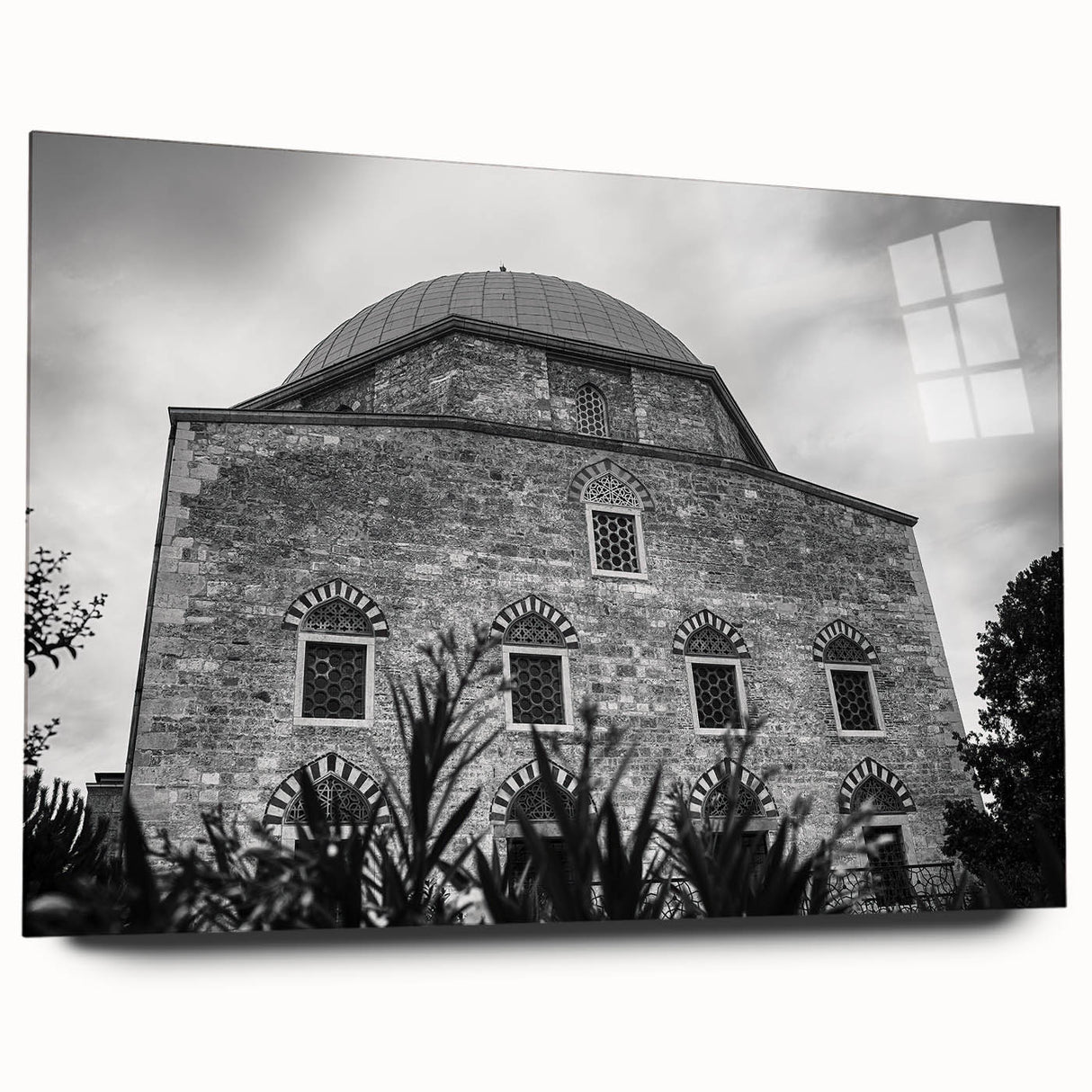 Acrylic print of a large abstract mosque design in muted earth tones, ideal for bedroom or dining room art.