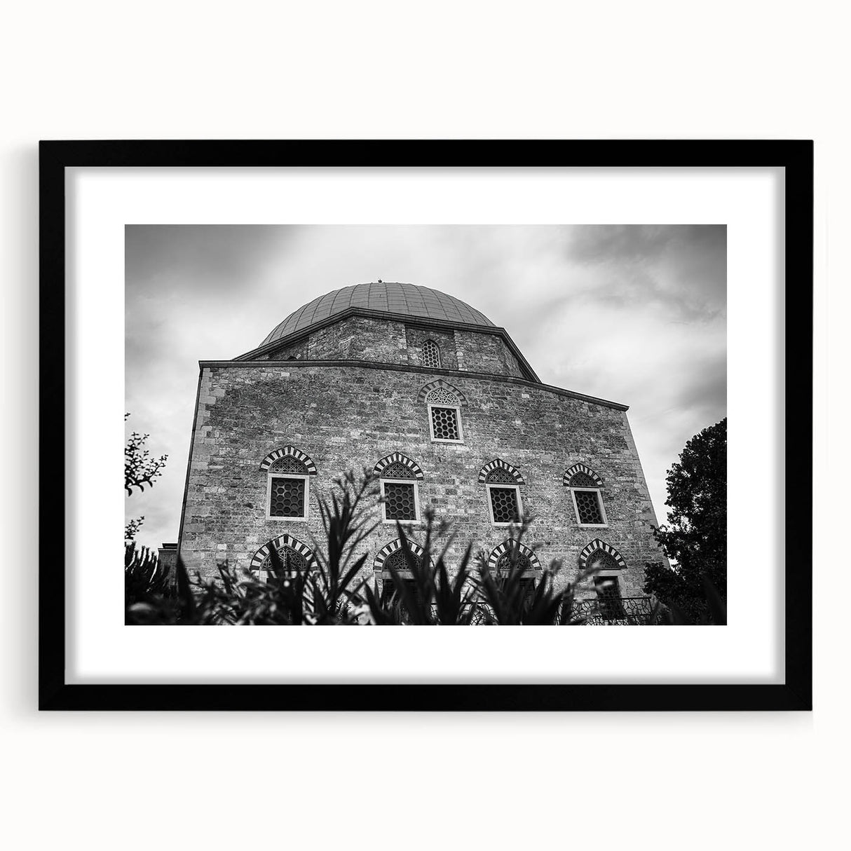 Abstract art print of a mosque in vibrant colors on a textured, extra-large canvas, ideal for living room decor.