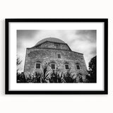 Abstract art print of a mosque in vibrant colors on a textured, extra-large canvas, ideal for living room decor.