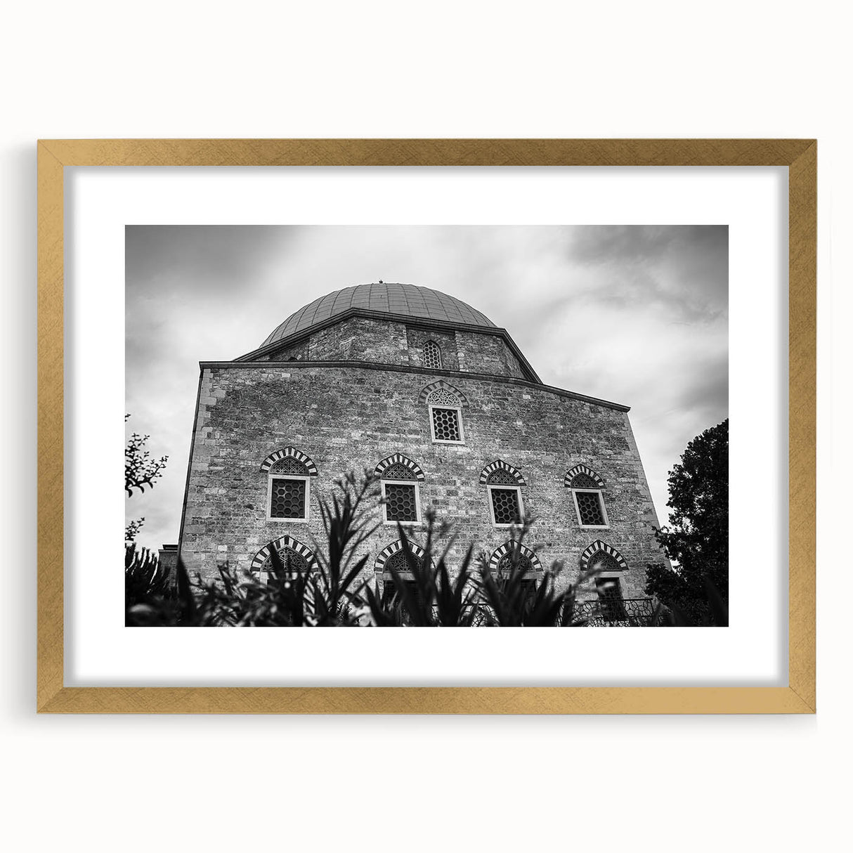 Textured abstract art print of a mosque in gold and beige tones, ideal for bedroom wall decor.
