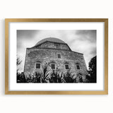 Textured abstract art print of a mosque in gold and beige tones, ideal for bedroom wall decor.