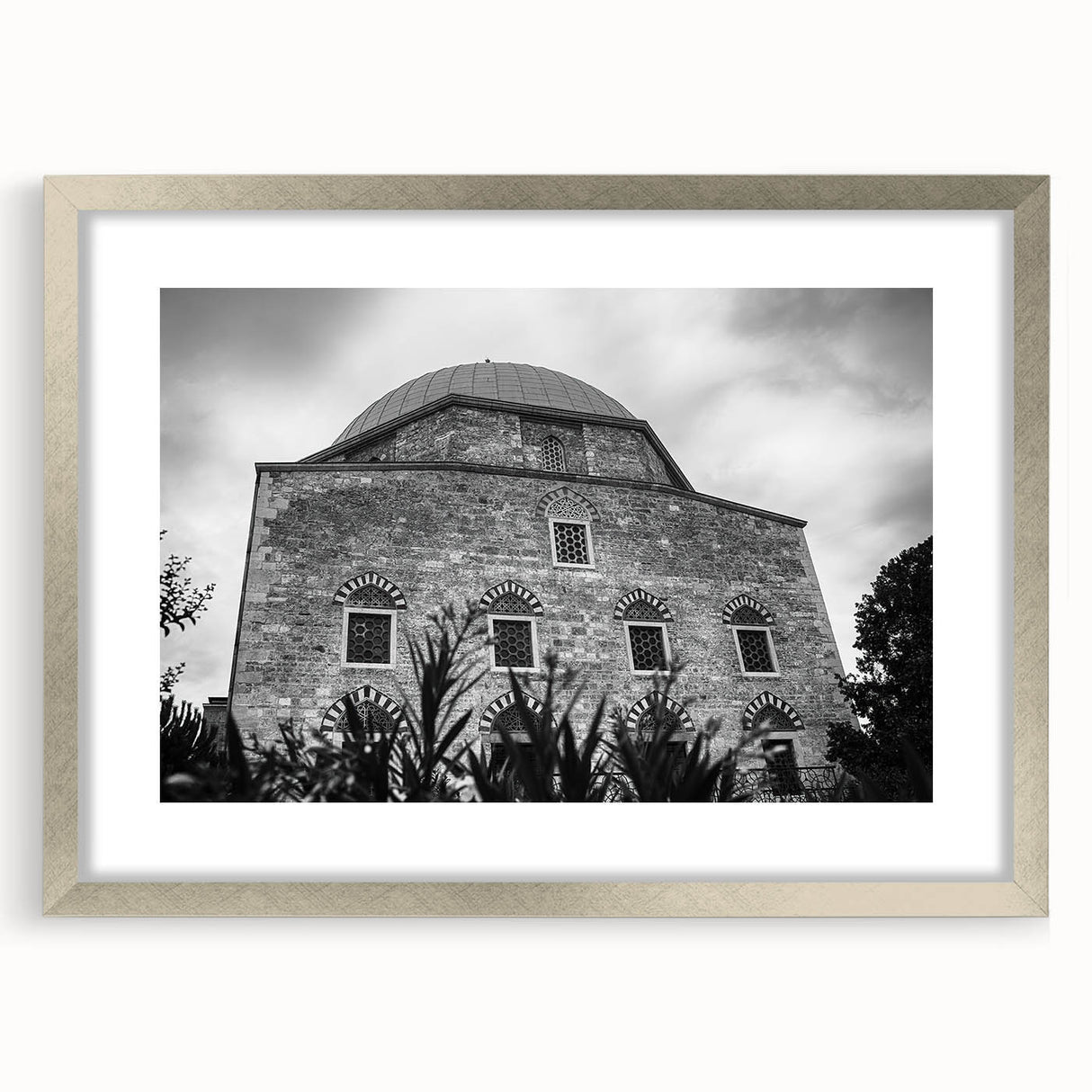 Abstract art print of a mosque in silver tones on a framed canvas, suitable for dining room decor.