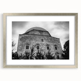 Abstract art print of a mosque in silver tones on a framed canvas, suitable for dining room decor.