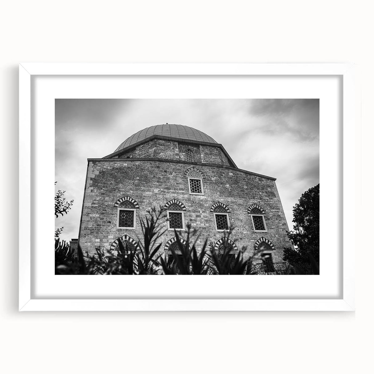 Extra large abstract art print featuring a textured mosque design in muted earth tones on a white framed canvas.