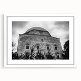 Extra large abstract art print featuring a textured mosque design in muted earth tones on a white framed canvas.