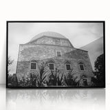 Large abstract wall art depicting a mosque in muted earth tones on a framed acrylic, suitable for modern living room decor.