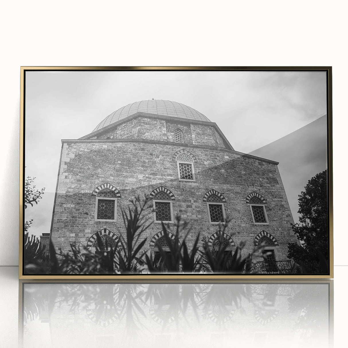 Mid-century modernist art of a mosque in muted gold tones on framed acrylic, ideal for nursery wall decor.