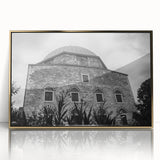 Mid-century modernist art of a mosque in muted gold tones on framed acrylic, ideal for nursery wall decor.