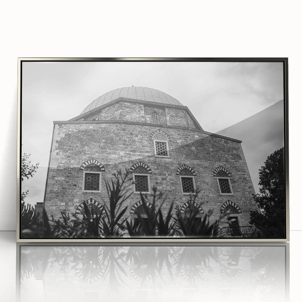 Art deco poster of a mosque in silver tones on framed acrylic, ideal for modern nursery wall decor.