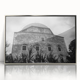 Art deco poster of a mosque in silver tones on framed acrylic, ideal for modern nursery wall decor.