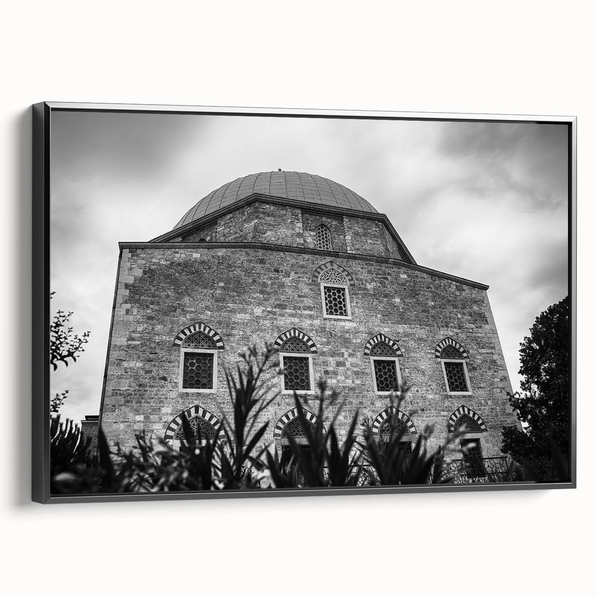 Framed canvas of a black and white vintage mosque landscape, ideal for bedroom wall art.