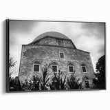 Framed canvas of a black and white vintage mosque landscape, ideal for bedroom wall art.