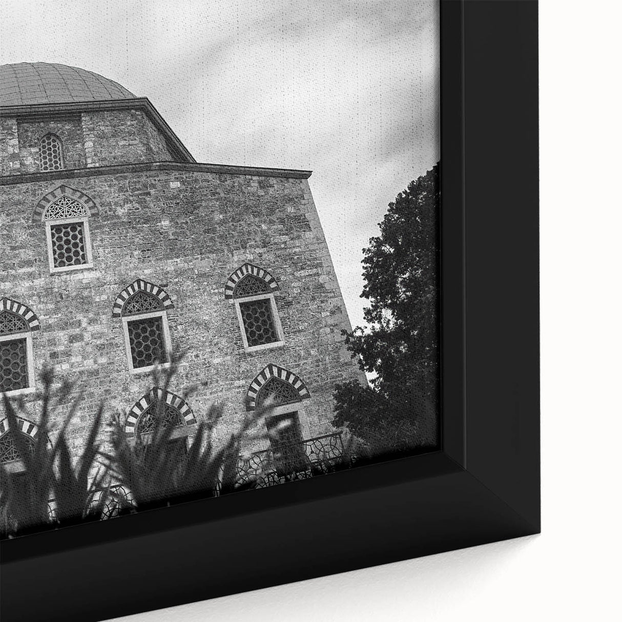 Extra large framed canvas featuring a textured mosque design in black with colorful accents, ideal for living room decor.