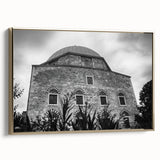 Landscape art painting of a mosque with vibrant gold and black tones on a framed canvas, ideal for living room decor.