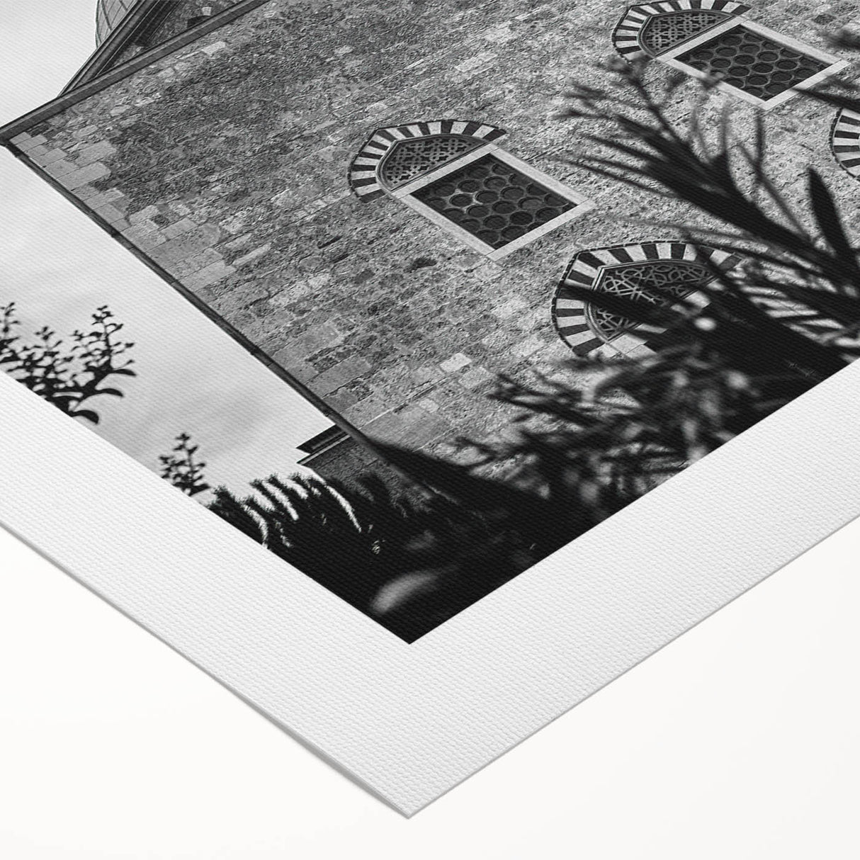 Art deco poster of a mosque with intricate geometric patterns in monochrome, printed on rolled canvas.