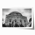 Extra large rolled print depicting a mosque with intricate floral designs in muted earth tones.