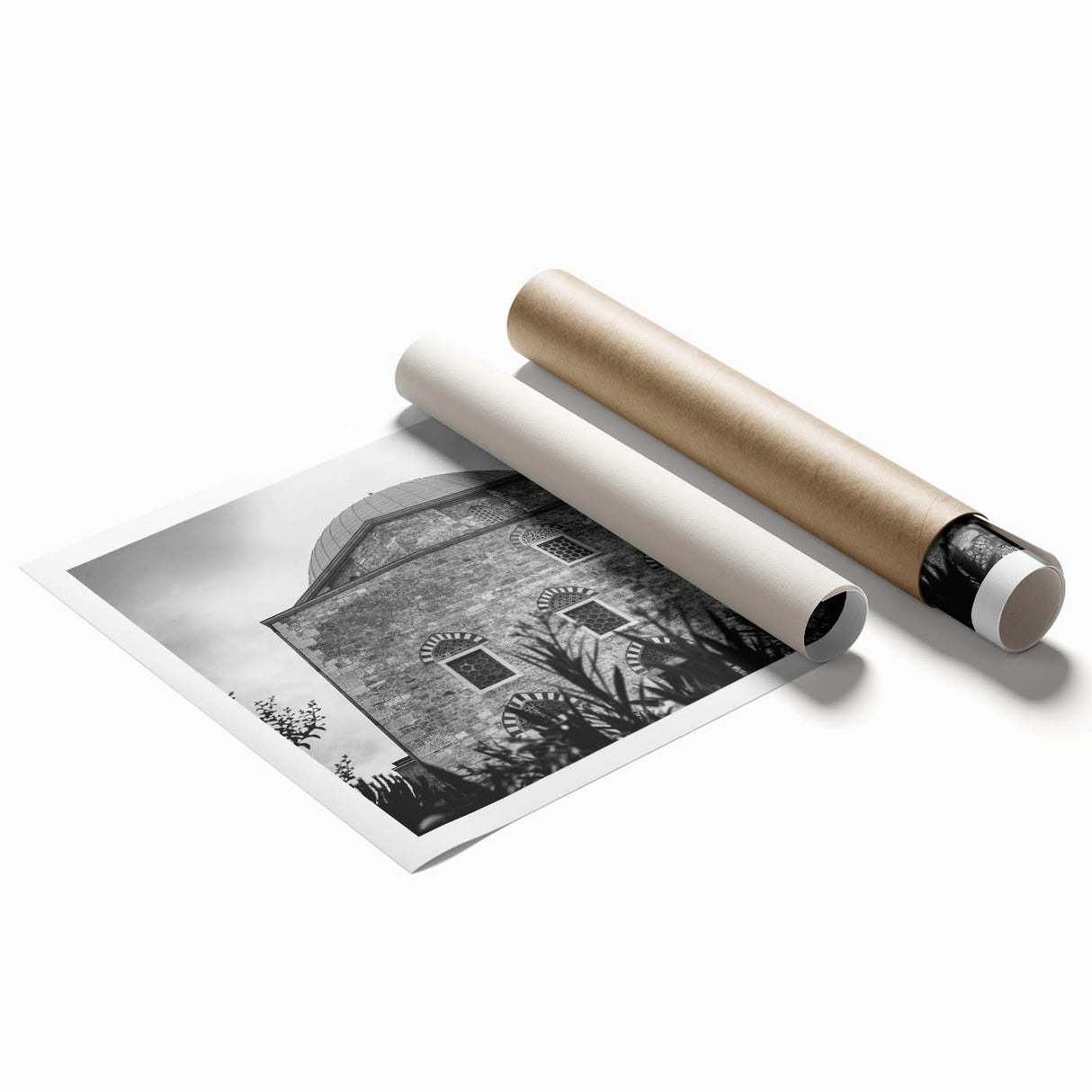 Extra large rolled print featuring a floral mosque design in muted tones.