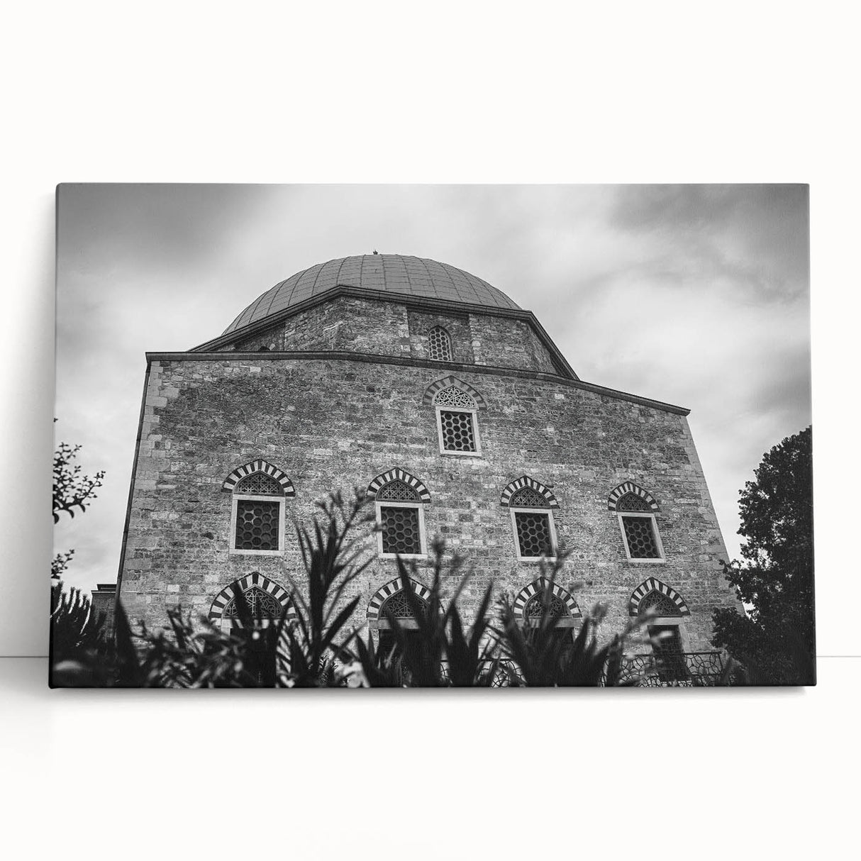 Black and white stretched canvas depicting a large, intricate mosque design, ideal for kitchen wall art or bedroom ambiance.