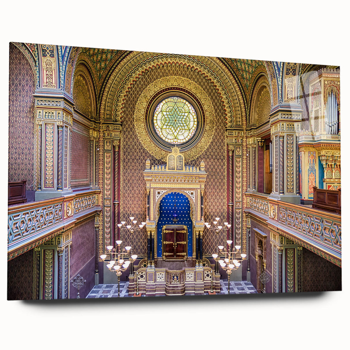Large abstract wall art on acrylic glass depicting a modern synagogue design in muted tones.