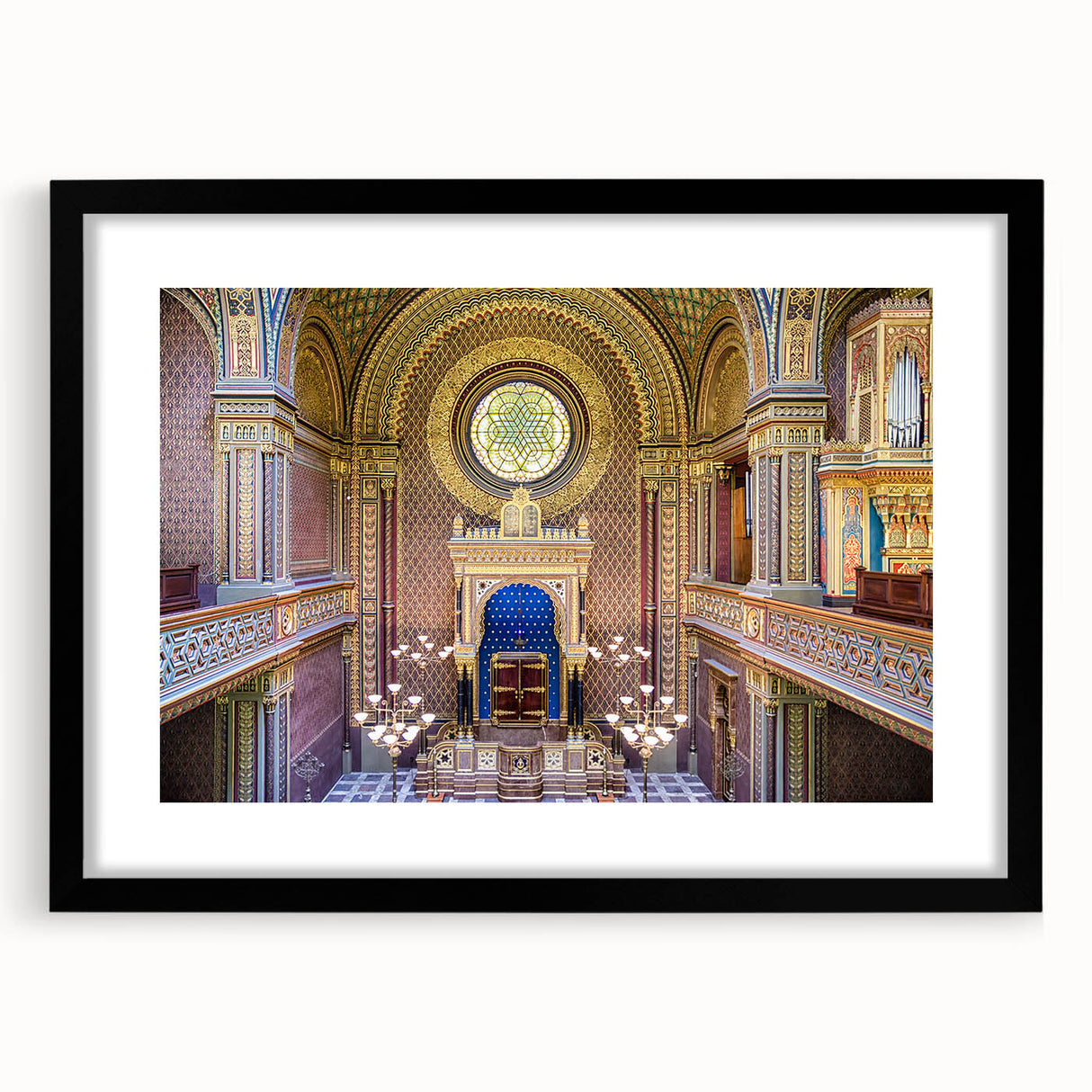 Extra large, textured abstract art print of a colorful synagogue, in a black frame with mat, ideal for living room decor.