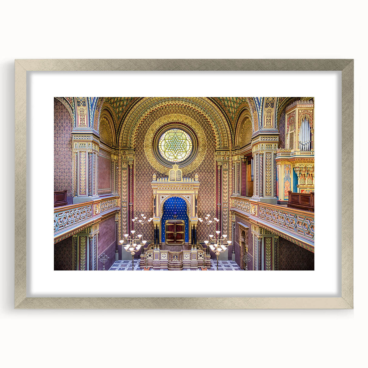 Abstract art print of a synagogue in muted gold and silver tones on framed canvas, suitable for dining room decor.