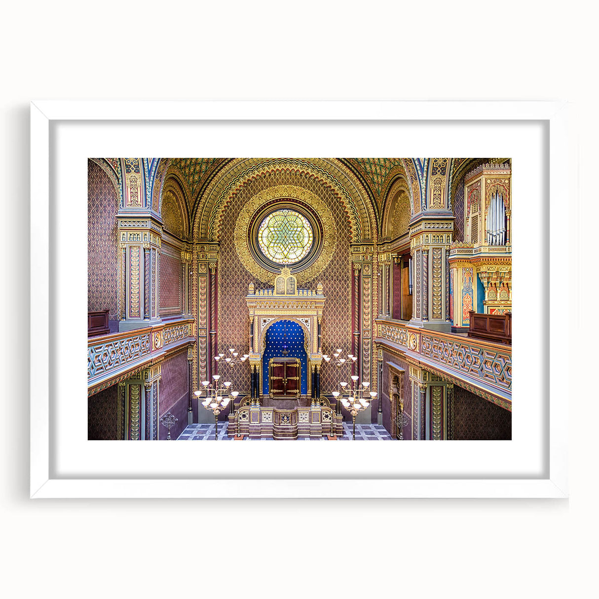 Extra large abstract art print of a synagogue in textured shades of white and gray, framed with a white mat.