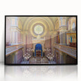 Large abstract wall art of a synagogue in mid-century modernist style, featuring muted gray and blue tones.