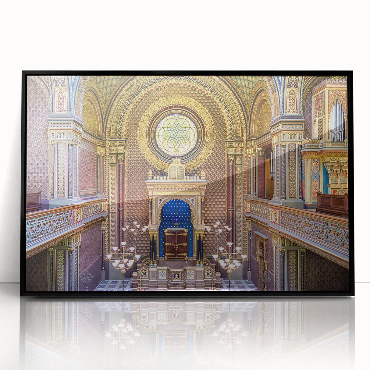 Large abstract wall art of a synagogue in mid-century modernist style, featuring muted gray and blue tones.