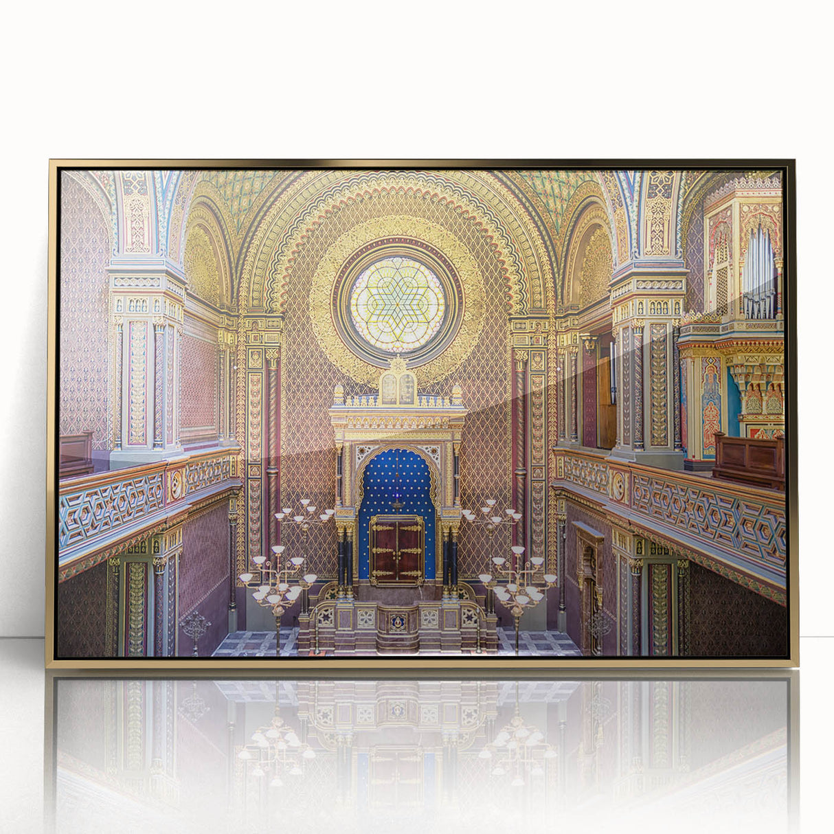 Mid-century modernist art of a synagogue in muted gold and white tones on a framed acrylic, ideal for nursery wall decor.