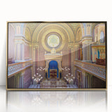 Mid-century modernist art of a synagogue in muted gold and white tones on a framed acrylic, ideal for nursery wall decor.