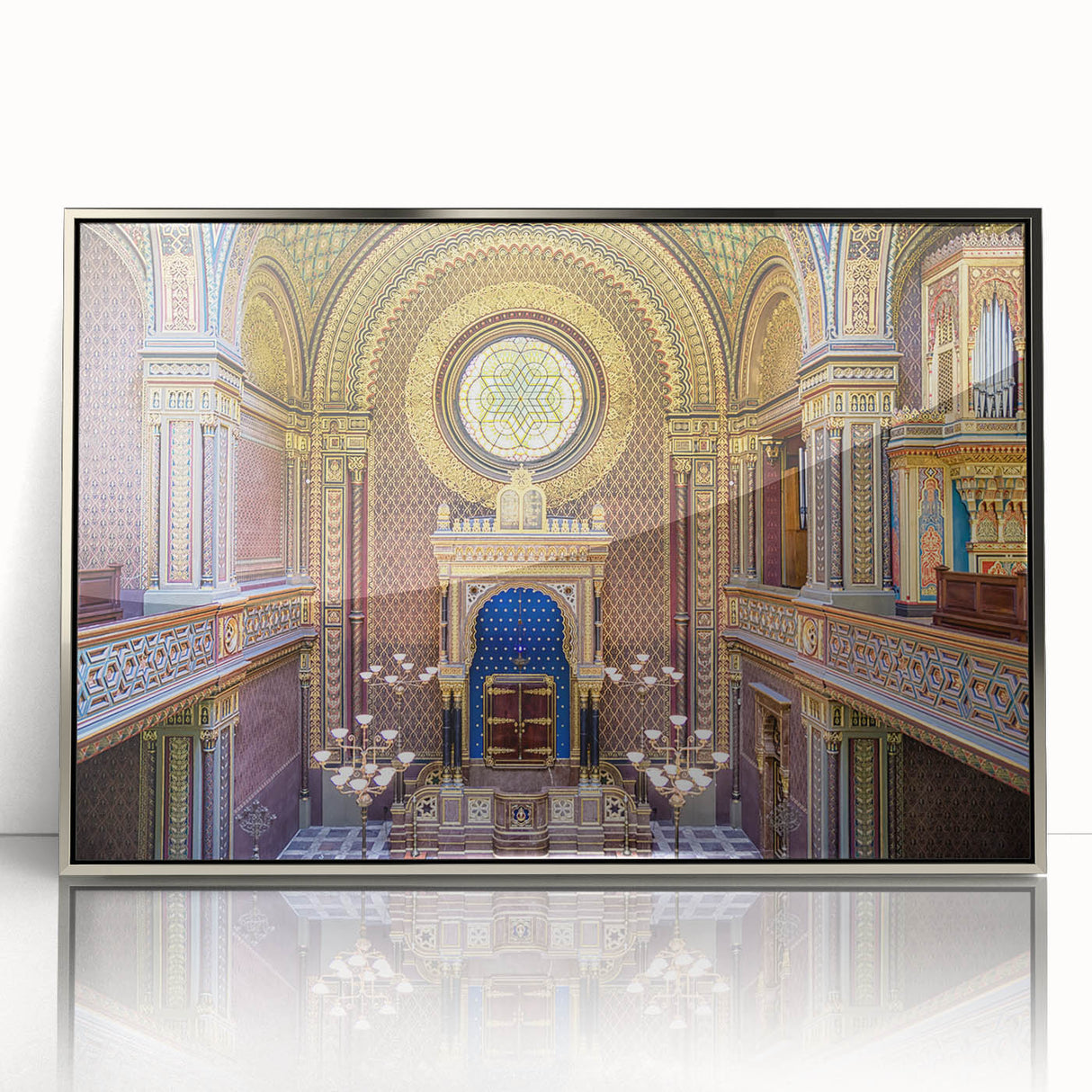 Art Deco style synagogue illustration in silver frame, featuring pastel colors, suitable for nursery wall art.