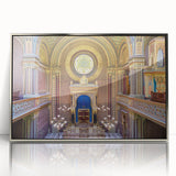 Art Deco style synagogue illustration in silver frame, featuring pastel colors, suitable for nursery wall art.