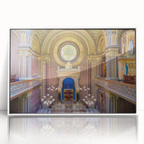 Mid-century modernist synagogue design in muted colors on a large framed acrylic print, ideal for nursery wall art.