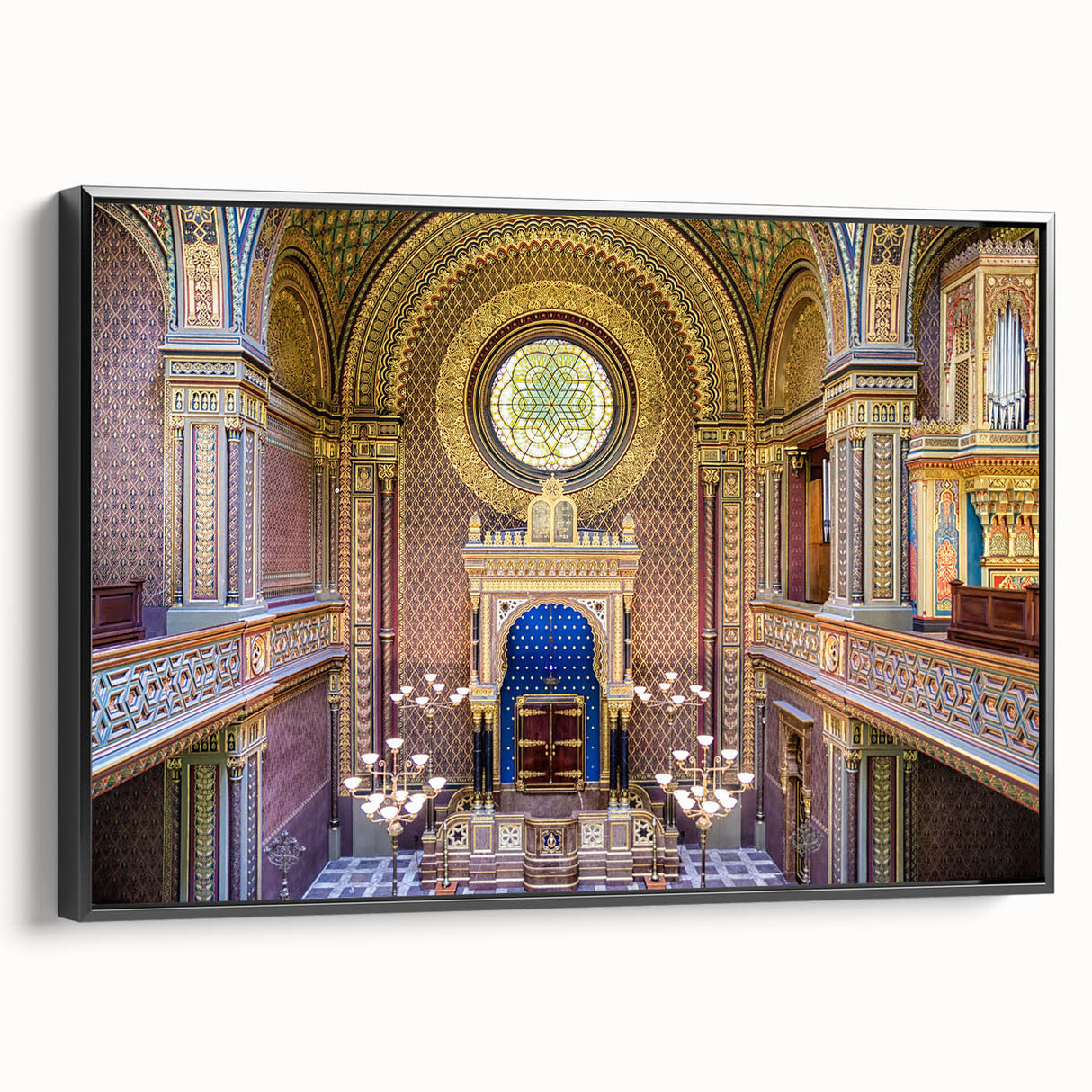 Black and white framed canvas depicting a vintage synagogue landscape, ideal for bedroom wall decor.