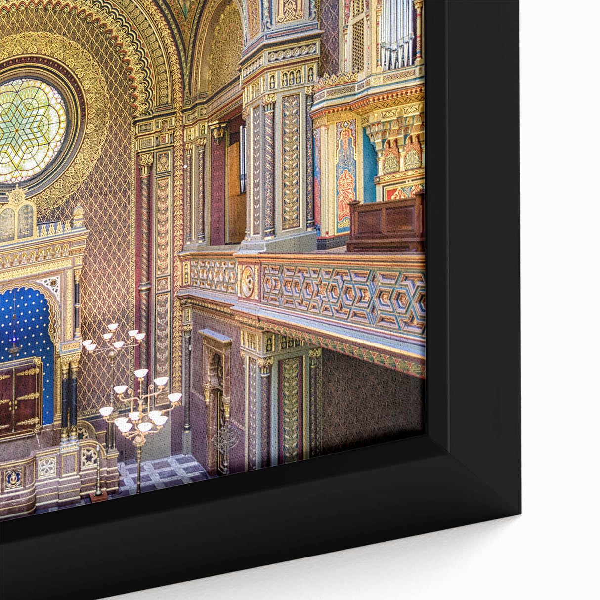 Extra large black wall art on canvas featuring a textured, colorful abstract design of a synagogue.