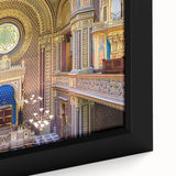 Extra large black wall art on canvas featuring a textured, colorful abstract design of a synagogue.
