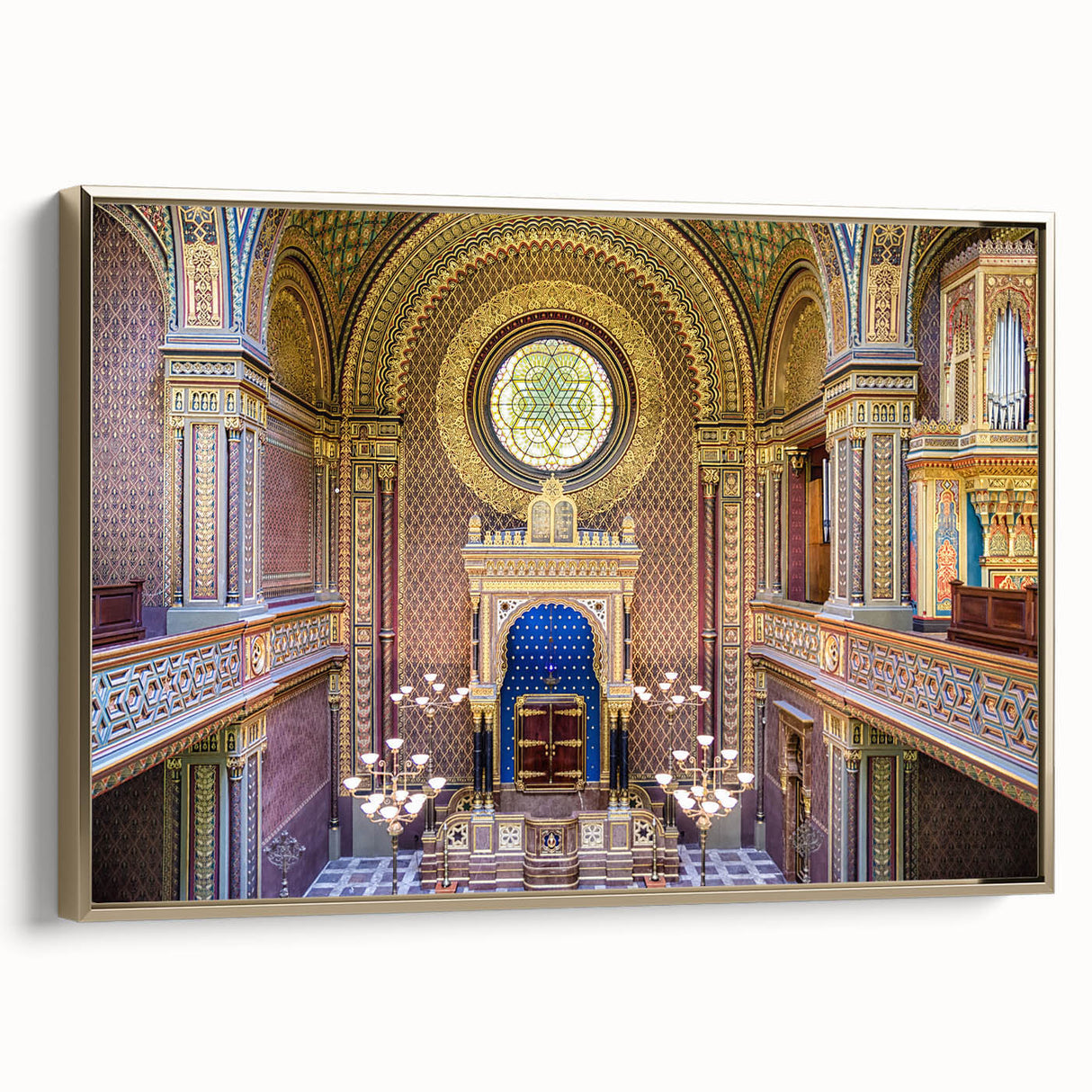 Framed canvas featuring a vintage poster of a colorful synagogue landscape, ideal for adding character to a living room.