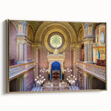 Framed canvas featuring a vintage poster of a colorful synagogue landscape, ideal for adding character to a living room.