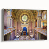 Vintage poster art of a synagogue in colorful art style, framed canvas, ideal for living room decor.