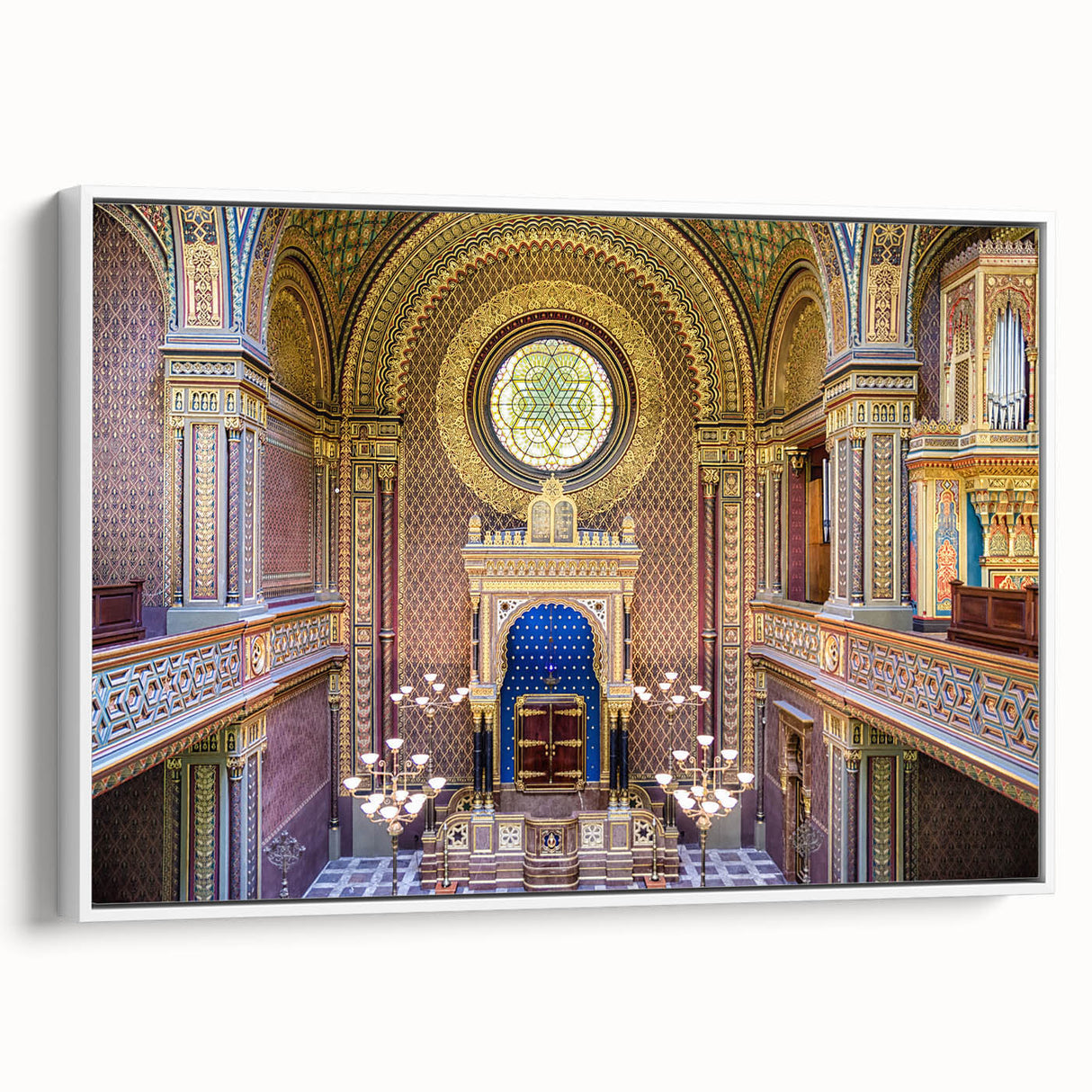Framed canvas depicting a vintage-style synagogue in a black and white landscape, ideal for bedroom wall art.