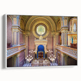 Framed canvas depicting a vintage-style synagogue in a black and white landscape, ideal for bedroom wall art.