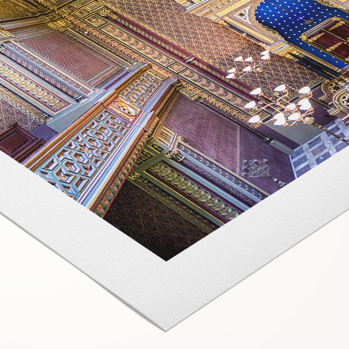 Art deco poster of a synagogue in muted gold and navy tones on rolled canvas, suitable for dining room wall art.