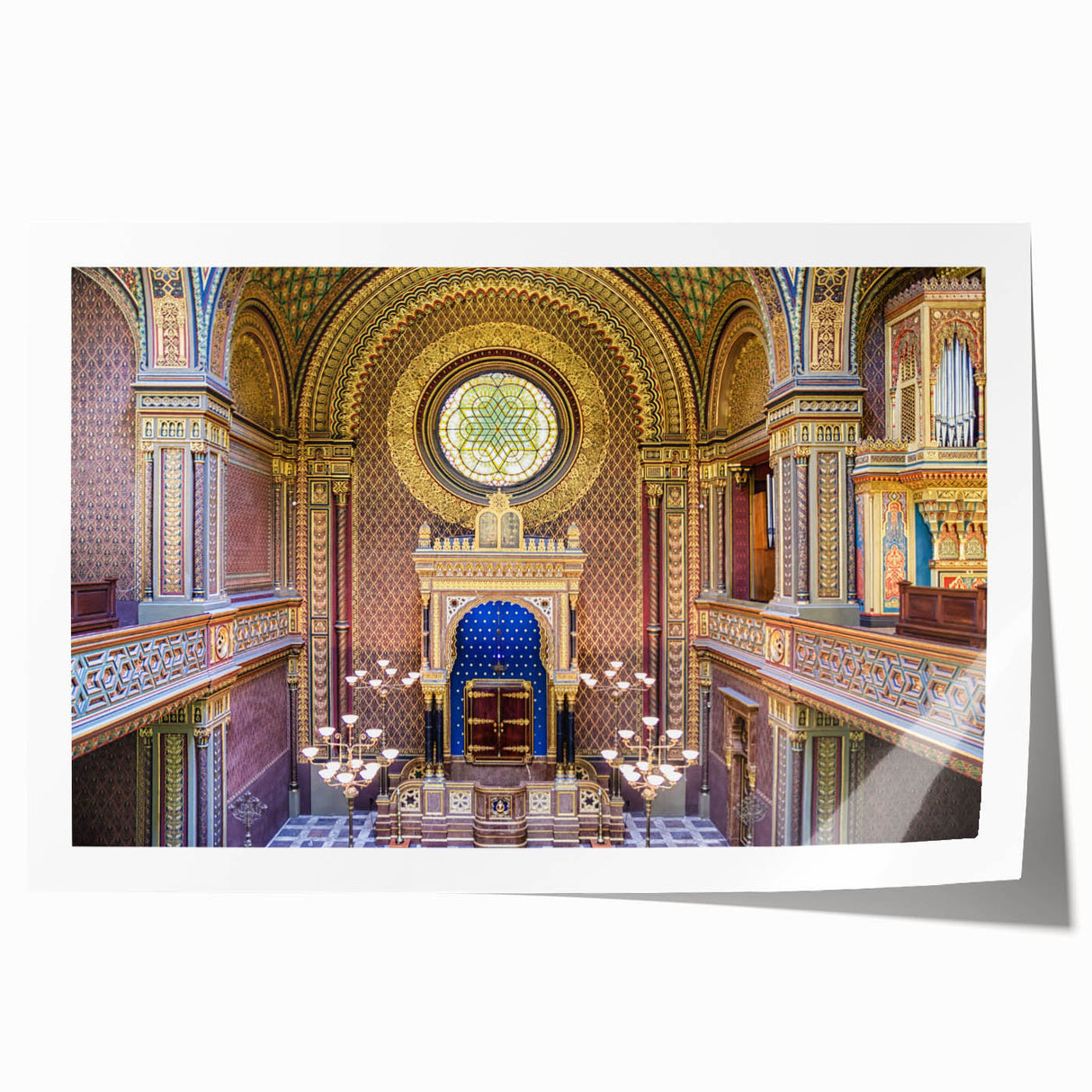 Extra large rolled print featuring a detailed synagogue design in muted earth tones, ideal for art wall dining room.