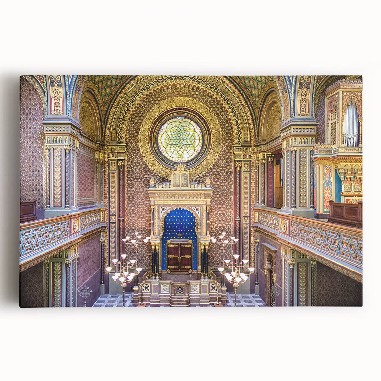 Black and white illustration of a synagogue on stretched canvas, suited as large kitchen wall art.