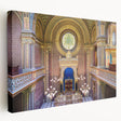 Large art on stretched canvas featuring a detailed synagogue design in muted earth tones, ideal for kitchen wall art.